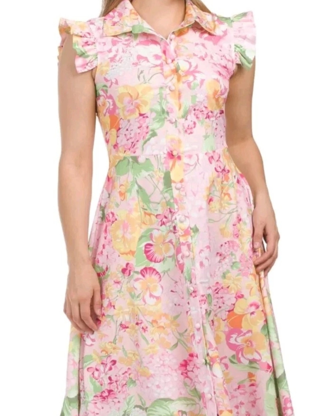 Nwt Large & Medium Dalia Macphee Pink Floral Midi Dress with Collar & Ruffle - Picture 3 of 17